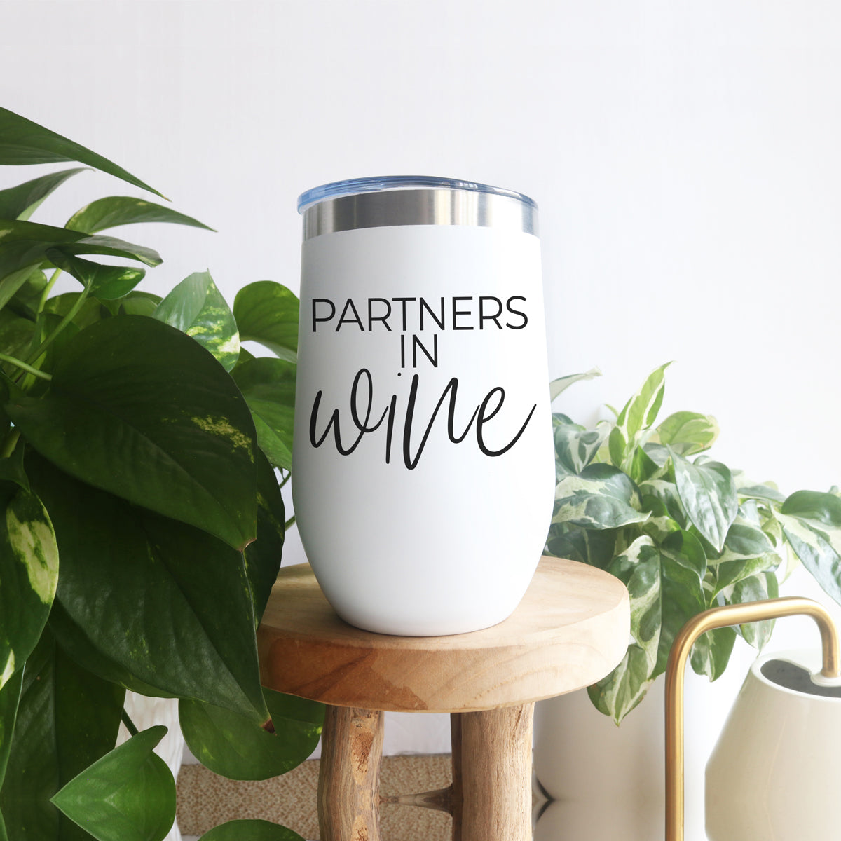 Tumbler 17oz white insulated with silver rim reads PARTNERS IN wine on Tampa Home & Garden Store