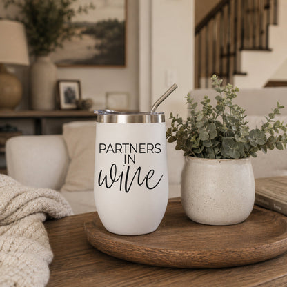 Wine Partners 17oz tumbler Gia Roma with stainless rim and white finish, partners in wine script on Tampa Home & Garden Store