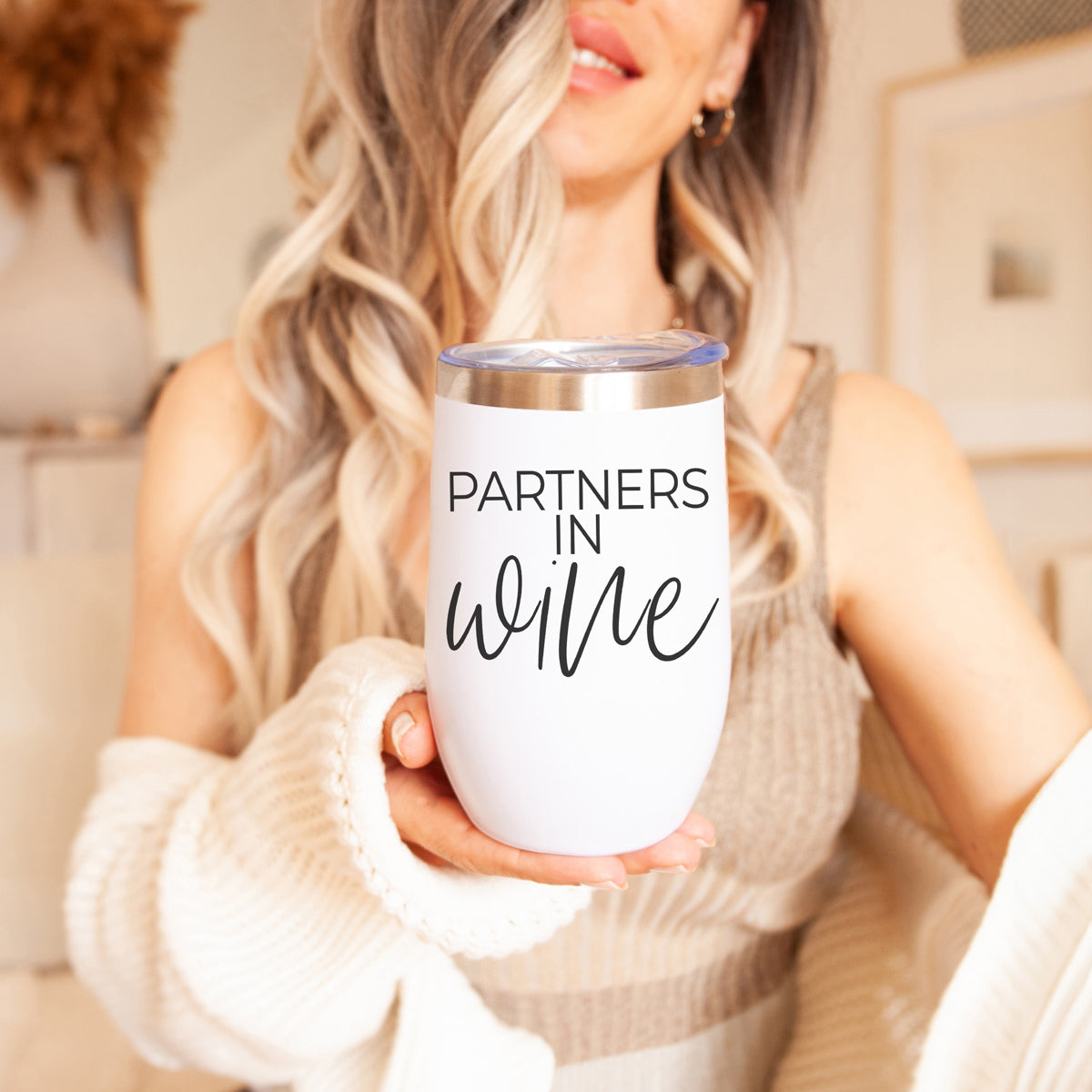 Wine Partners 17oz tumbler by Gia Roma, white insulated cup with silver lid on Tampa Home & Garden Store