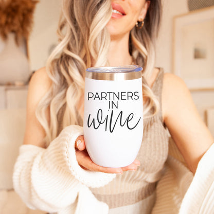 Wine Partners 17oz tumbler by Gia Roma, white insulated cup with silver lid on Tampa Home & Garden Store