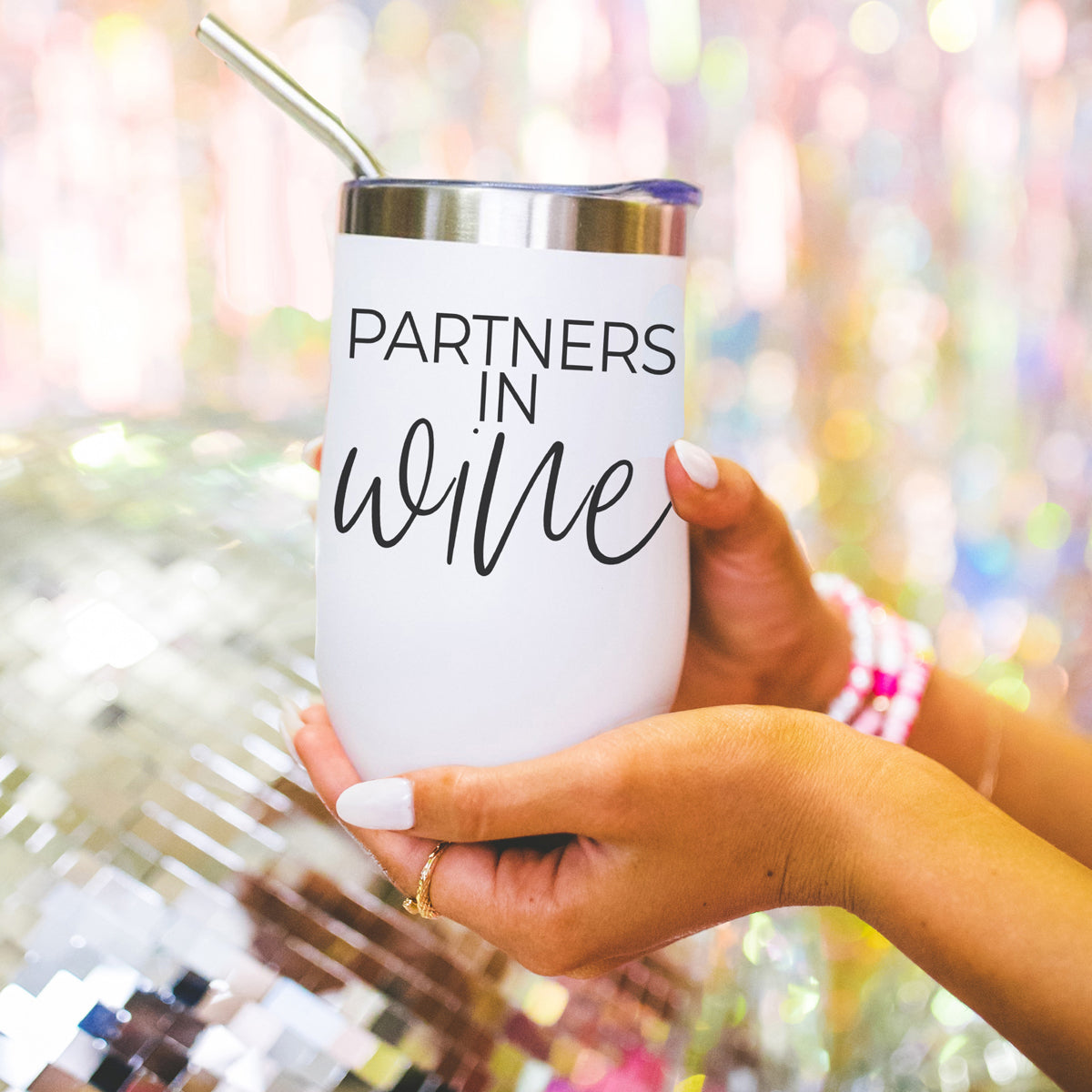 Wine Partners 17oz tumbler Gia Roma, white stainless steel with metal straw on Tampa Home & Garden Store