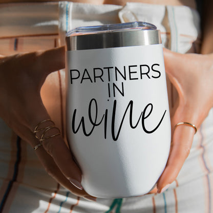 Wine Partners 17oz white insulated tumbler with clear lid featuring Partners in wine script on Tampa Home & Garden Store