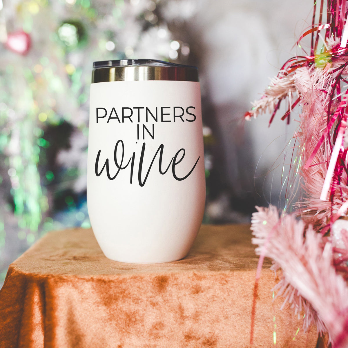Tumbler Gia Roma Wine Partners 17oz white stainless steel with black Partners in wine script on Tampa Home & Garden Store