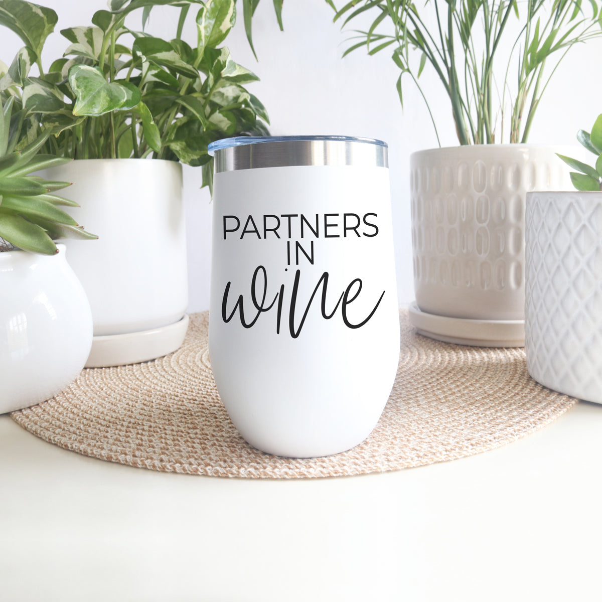 Gia Roma Wine Partners 17oz tumbler white with stainless steel rim and Partners in wine script on Tampa Home & Garden Store