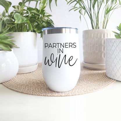 Gia Roma Wine Partners 17oz tumbler white with stainless steel rim and Partners in wine script on Tampa Home & Garden Store