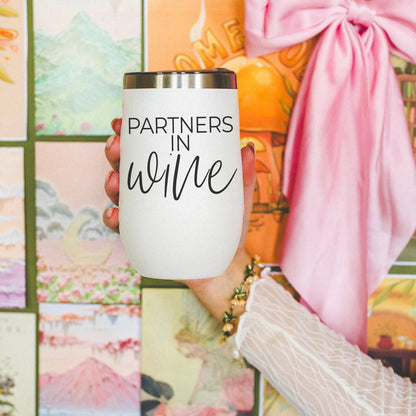 Wine Partners 17oz tumbler Gia Roma, white matte with black script Partners in wine on Tampa Home & Garden Store