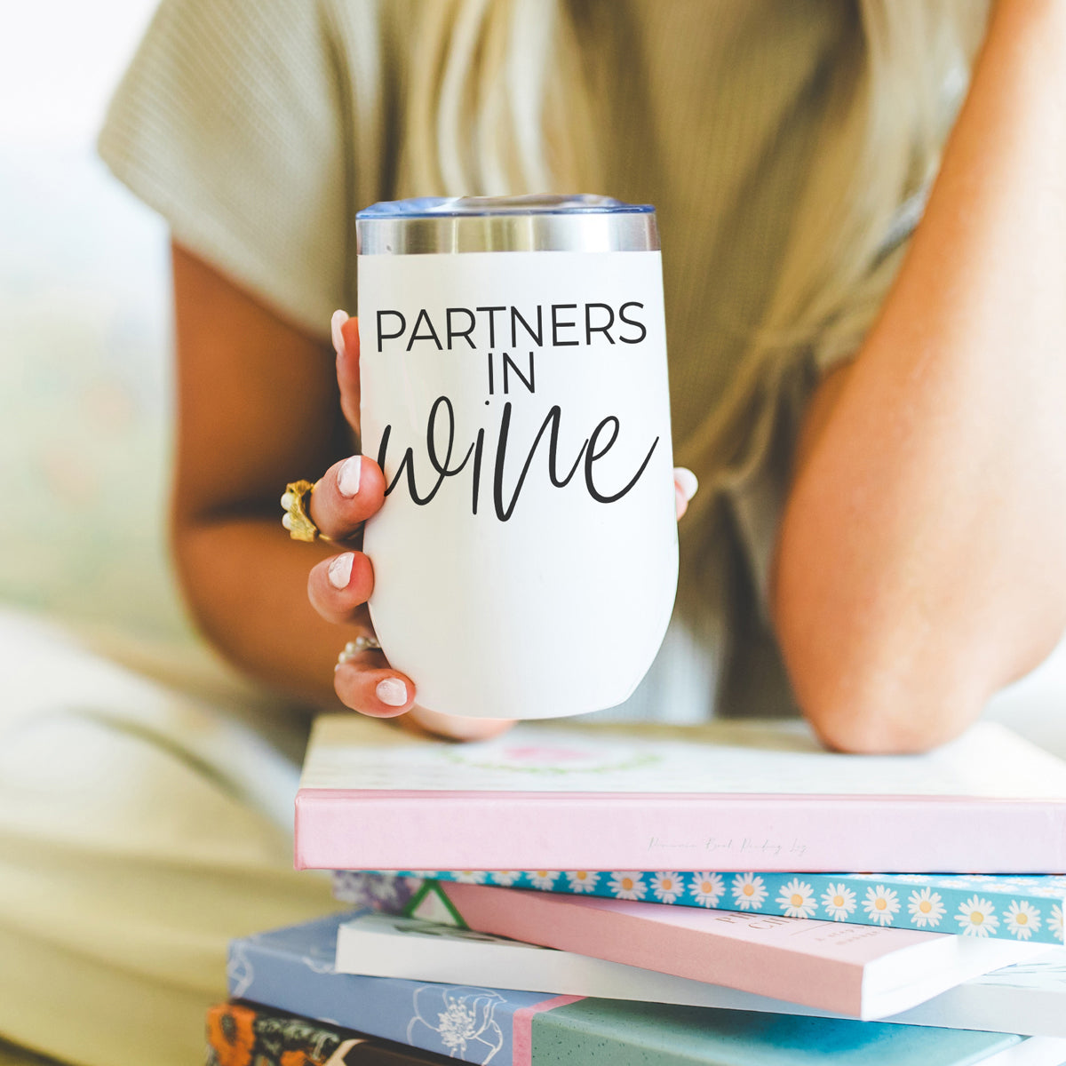 Wine Partners 17oz tumbler white with black script Partners in wine, stainless lid on Tampa Home & Garden Store