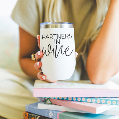 Wine Partners 17oz tumbler white with black script Partners in wine, stainless lid on Tampa Home & Garden Store