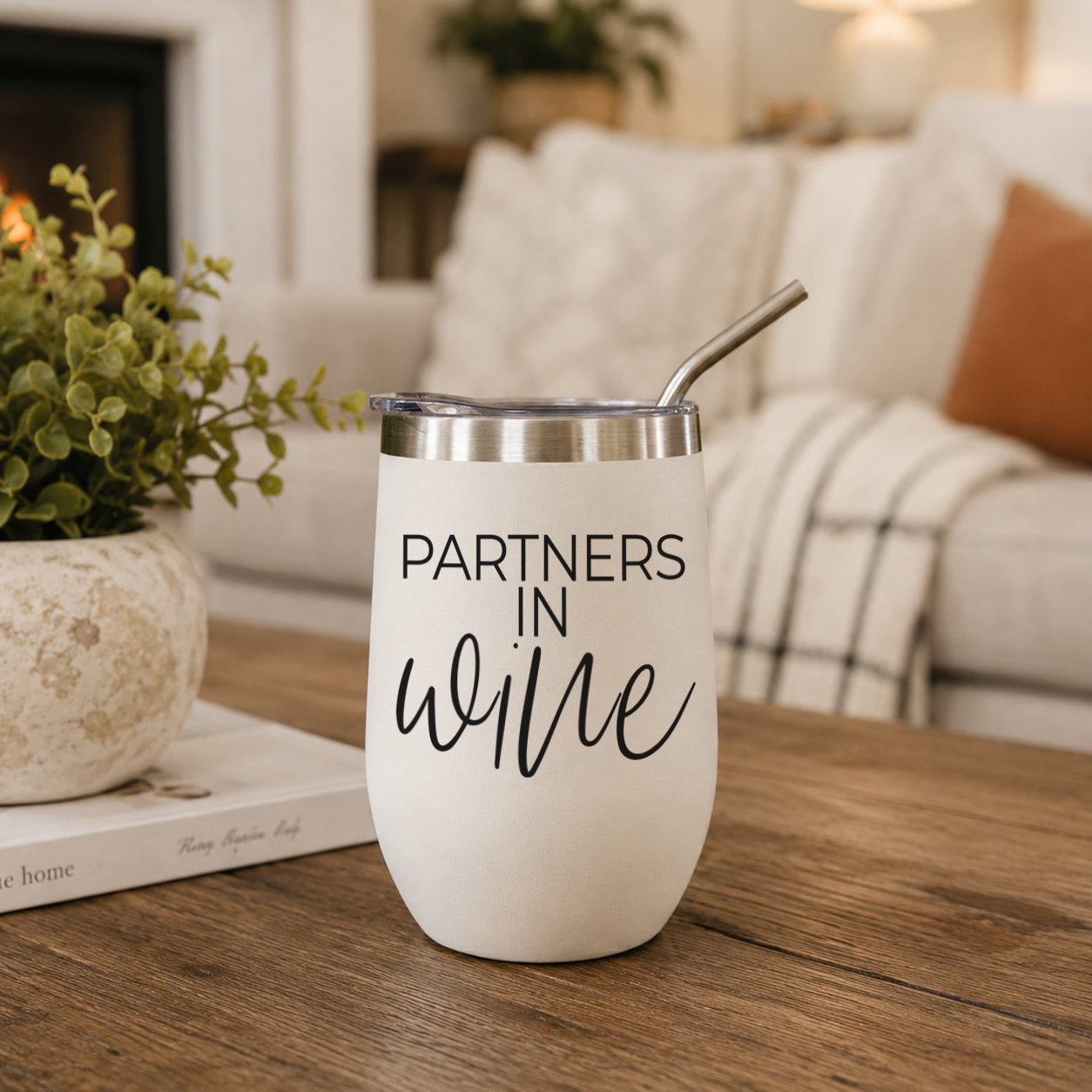 Gia Roma Wine Partners 17oz white tumbler with stainless steel lid and straw on table on Tampa Home & Garden Store