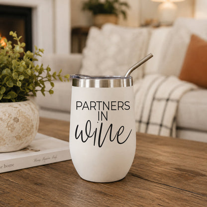 Gia Roma Wine Partners 17oz white tumbler with stainless steel lid and straw on table on Tampa Home & Garden Store