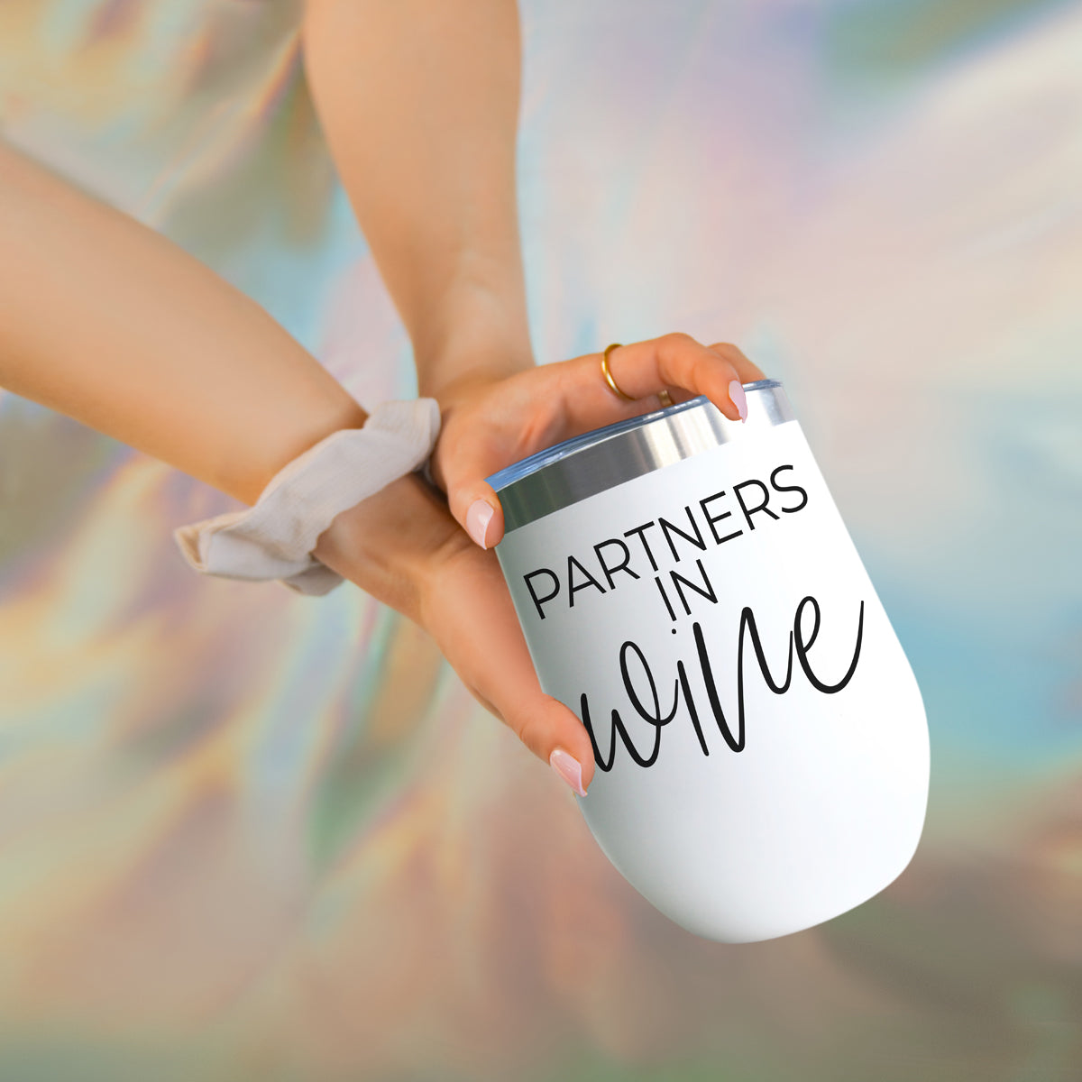 Wine Partners 17oz tumbler by Gia Roma, white stainless steel with silver lid and bold black text on Tampa Home & Garden Store