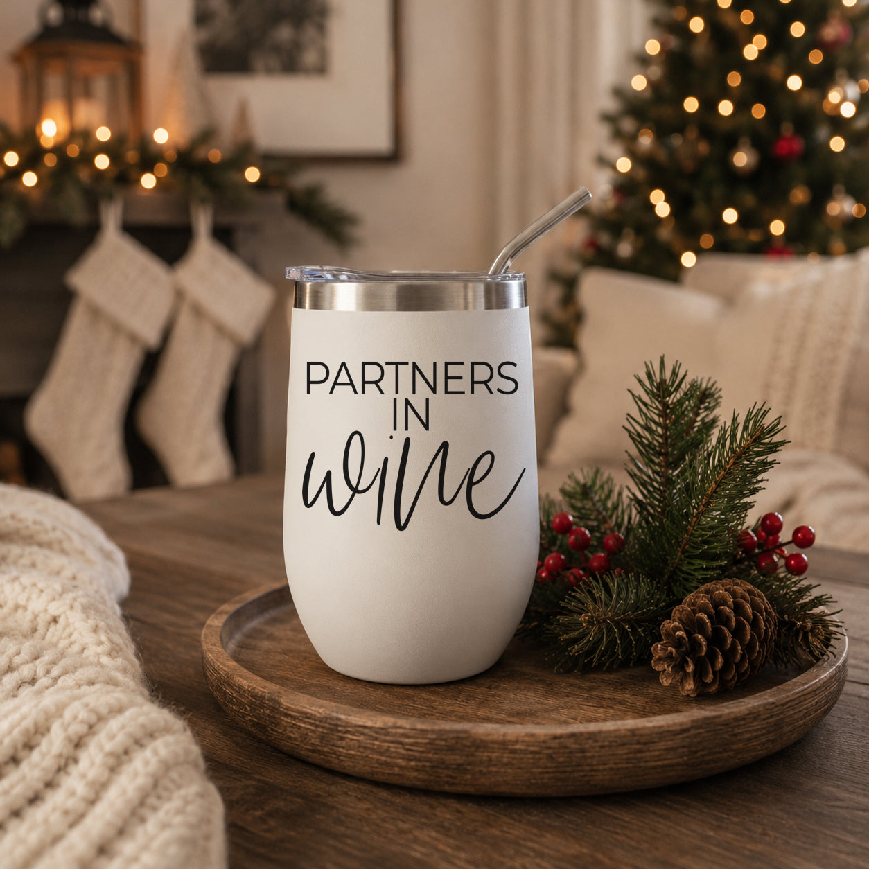 Wine Partners 17oz tumbler by Gia Roma, white stainless with lid and straw, festive setting on Tampa Home & Garden Store