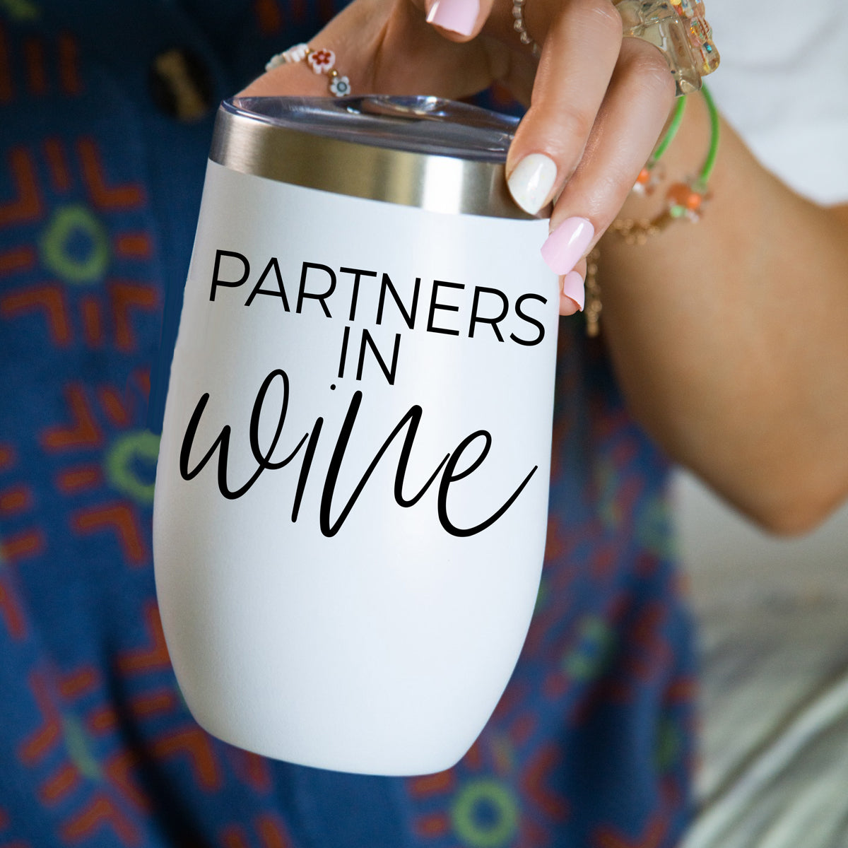 Wine Partners 17oz tumbler by Gia Roma in white with black PARTNERS IN Wine lettering, metal rim on Tampa Home & Garden Store