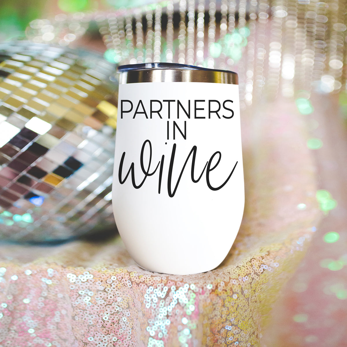 Gia Roma Wine Partners 17oz tumbler in white with black script PARTNERS IN wine stainless rim on Tampa Home & Garden Store