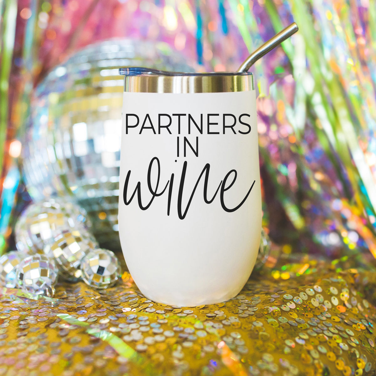 Tumbler Wine Partners 17oz by Gia Roma, white with stainless steel rim and metal straw on Tampa Home & Garden Store