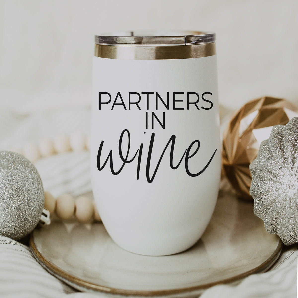 Gia Roma Wine Partners 17oz white tumbler with silver rim and Partners in wine script on Tampa Home & Garden Store