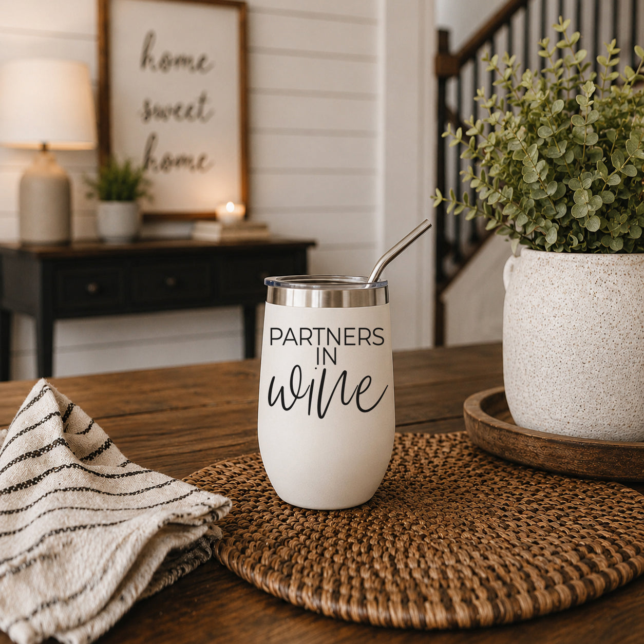 Wine Partners 17oz tumbler by Gia Roma, white with stainless steel rim and metal straw on Tampa Home & Garden Store