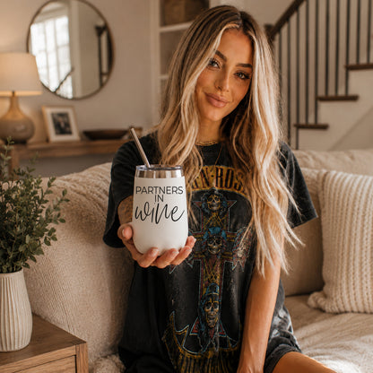 Wine Partners 17oz tumbler by Gia Roma, white stainless steel with straw on Tampa Home & Garden Store