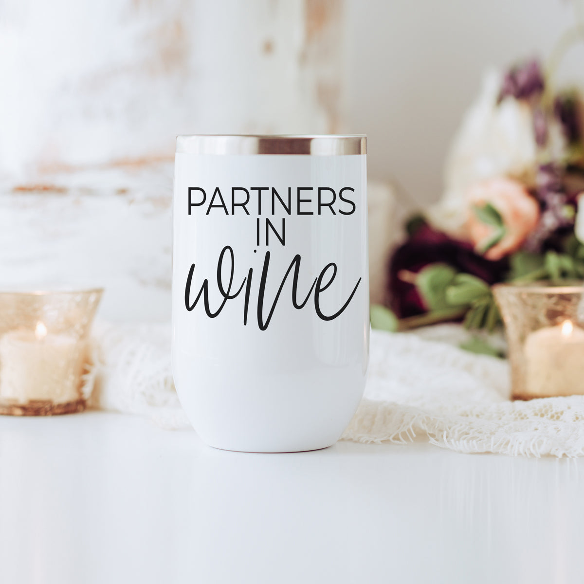 Wine Partners 17oz tumbler by Gia Roma, white with metallic rim on Tampa Home & Garden Store