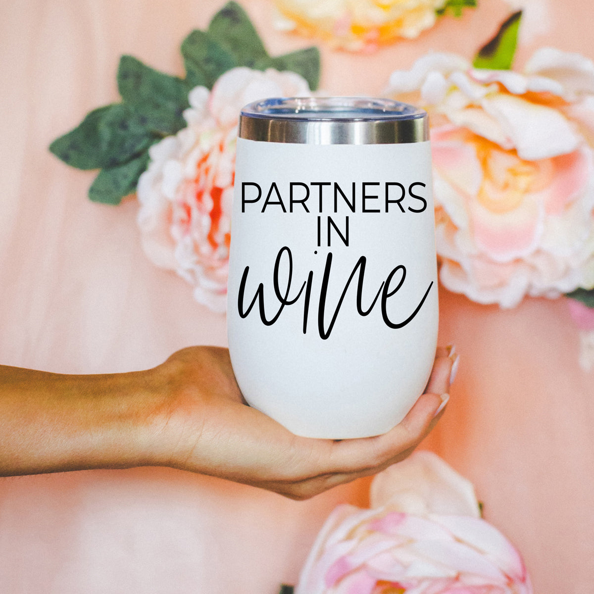 Wine Partners 17oz tumbler with white finish and silver lid, Partners in wine script on Tampa Home & Garden Store