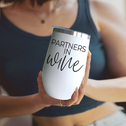 Wine Partners 17oz tumbler in white with a stainless steel rim and silver lid on Tampa Home & Garden Store