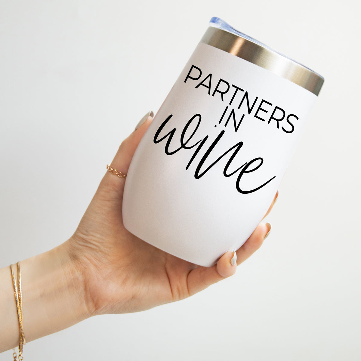 Wine Partners 17oz tumbler Gia Roma white with metallic rim and Partners in Wine script on Tampa Home & Garden Store