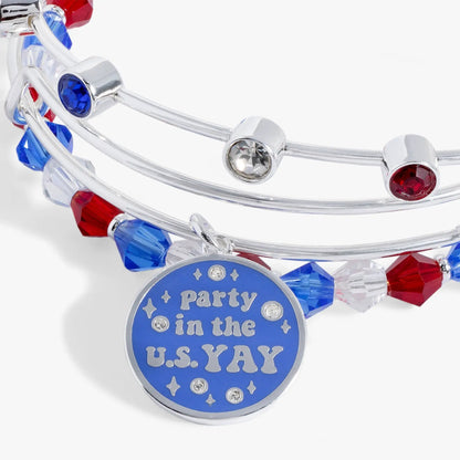 Bracelet set of 3 by ALEX AND ANI with silver bangles, red white blue beads, and a round blue charm Party in the U.S.A on Tampa Home & Garden Store