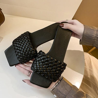 Braided-strap flat sandals Stevvex black leather open-toe slides on Tampa Home & Garden Store
