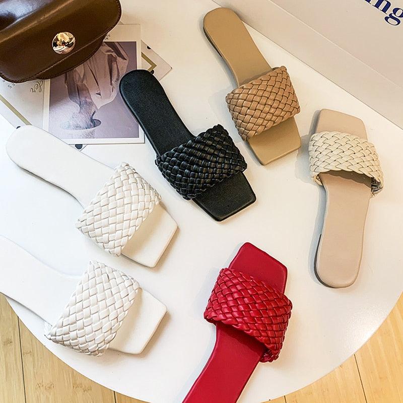 Party Luxury Ladies Slippers open-toe braided flat sandals in white black beige red Stevvex on Tampa Home & Garden Store