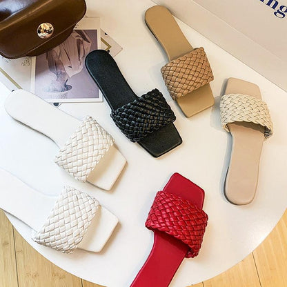 Party Luxury Ladies Slippers open-toe braided flat sandals in white black beige red Stevvex on Tampa Home & Garden Store