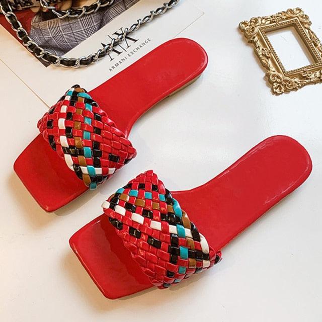 Sandals Stevvex party luxury open-toe flat slides with multicolor woven strap red sole pair on Tampa Home & Garden Store
