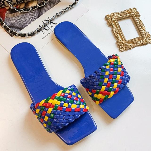 Stevvex Party Luxury Ladies Slippers blue open-toe flat sandals with braided leather strap on Tampa Home & Garden Store
