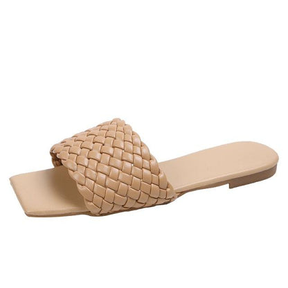 Stevvex beige woven leather strap open-toe flat sandal for women on Tampa Home & Garden Store