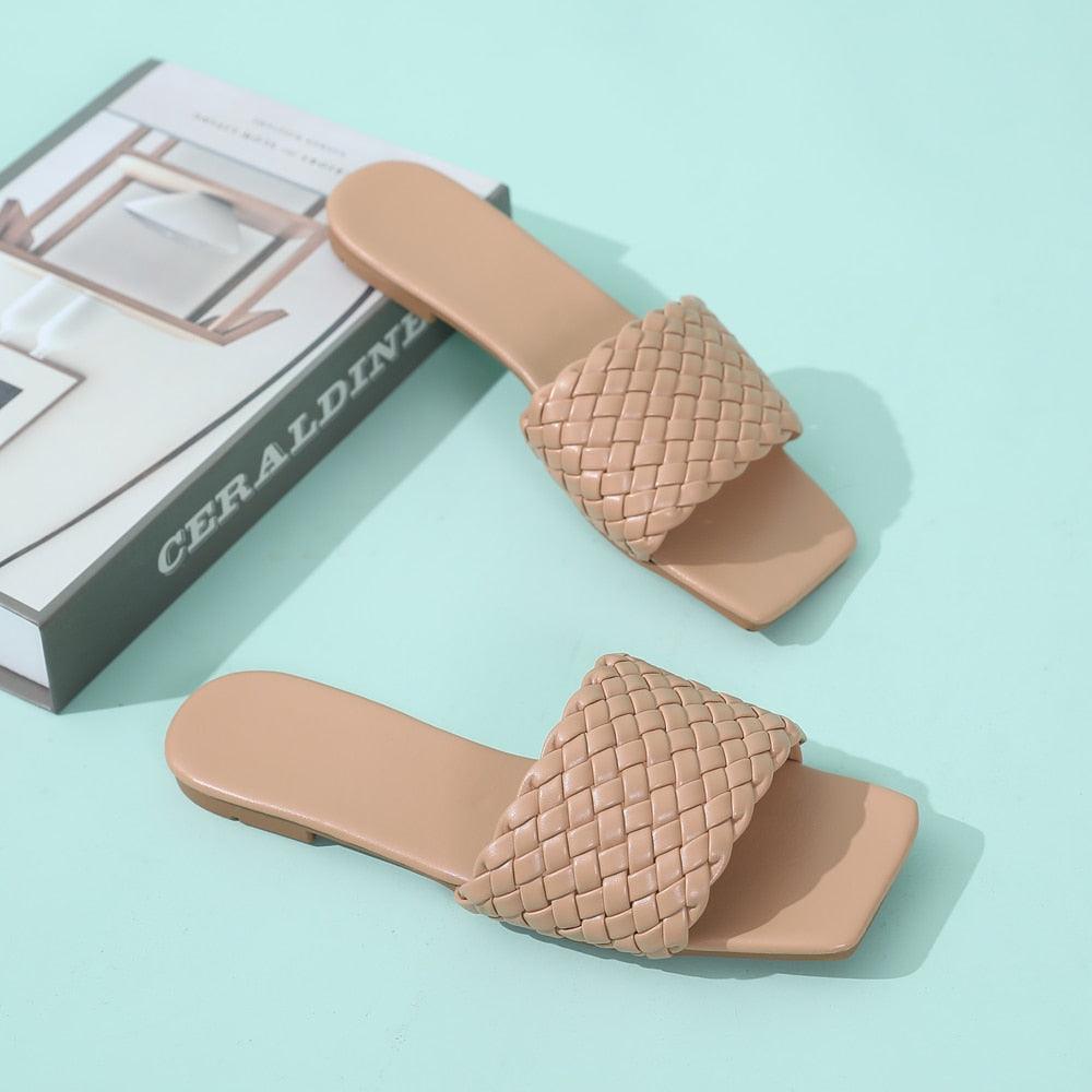 Stevvex beige woven-strap slide sandals open-toe flat beach footwear 2 pcs on Tampa Home & Garden Store