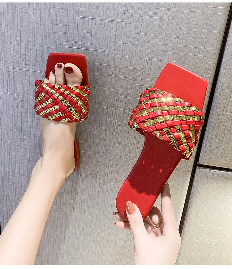 Stevvex red open-toe flats with gold woven straps, slip-on women's sandals two pieces on Tampa Home & Garden Store