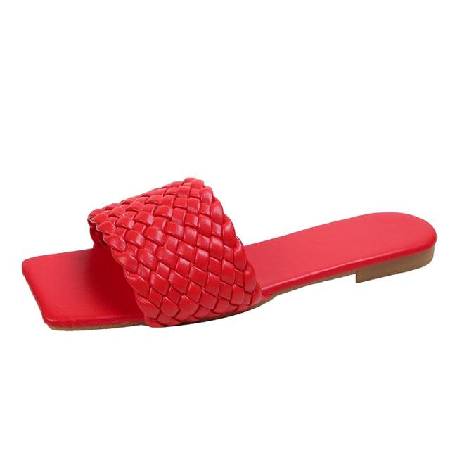 Stevvex red woven leather-strap flat sandal for women, open-toe slip-on beach slide on Tampa Home & Garden Store