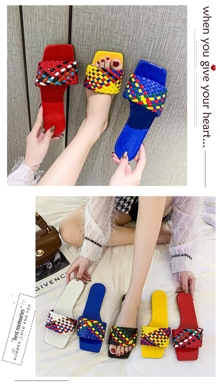Stevvex open-toe flat sandals with multicolor woven straps and colorful soles set of five on Tampa Home & Garden Store