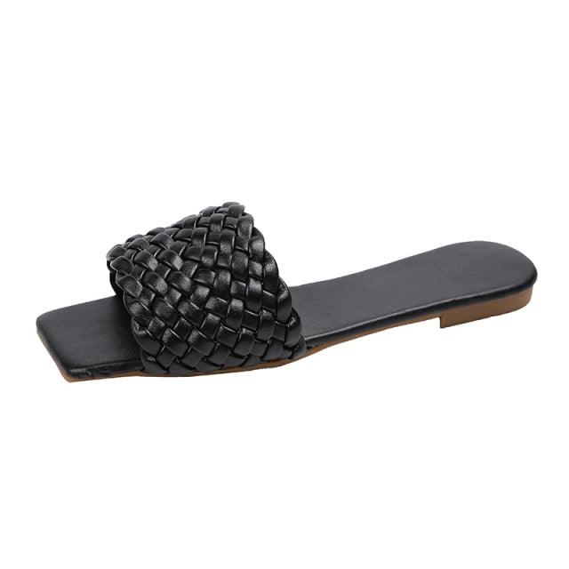 Stevvex open-toe braided strap sandal, black leather flat slide for women on Tampa Home & Garden Store