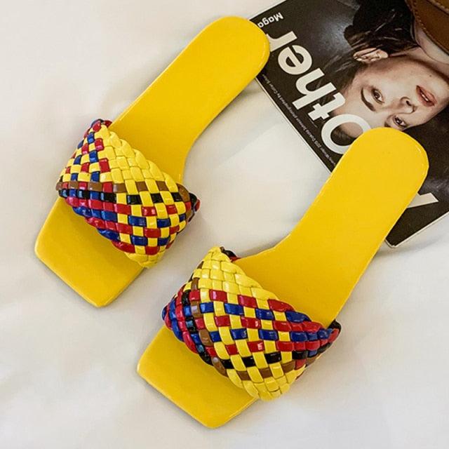 Sandals Stevvex yellow braided-strap open-toe flat slide pair for women on Tampa Home & Garden Store