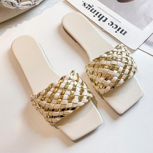 Stevvex braided leather strap flat sandals open-toe gold cream, slide-on beach sandals on Tampa Home & Garden Store