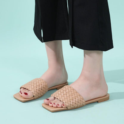 Beige woven leather-strap open-toe flat sandals for women, slip-on beach flats on Tampa Home & Garden Store