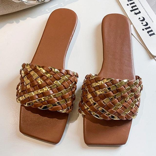 Stevvex braided leather slide sandals brown open-toe flats, pair on Tampa Home & Garden Store