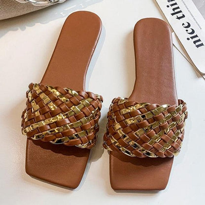 Stevvex braided leather slide sandals brown open-toe flats, pair on Tampa Home & Garden Store