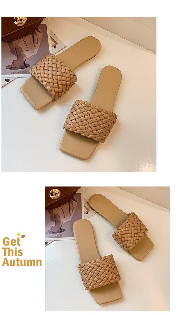Beige woven strap flat sandals, open-toe slip-on slides, two sandals shown on Tampa Home & Garden Store