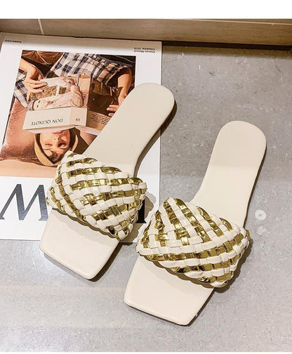 Stevvex Party Luxury Ladies Slippers open-toe flat sandals with white and gold braided straps, square-toe leather slides on Tampa Home & Garden Store