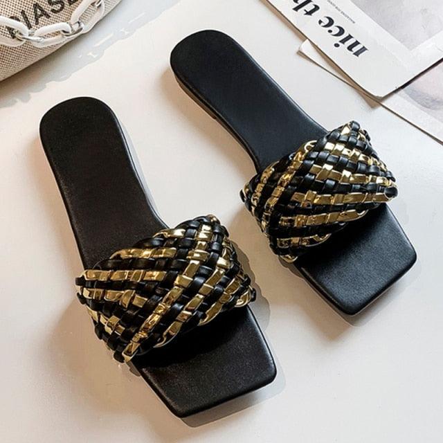 Braided strap flat sandals Stevvex black and gold pair open-toe slides on Tampa Home & Garden Store