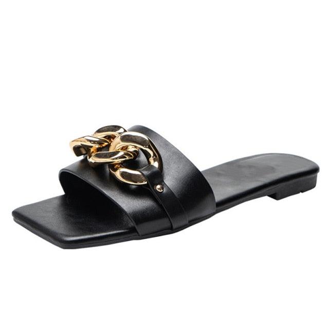 Stevvex black leather strap slide sandal with gold chain ornament, open-toe flat sandal on Tampa Home & Garden Store