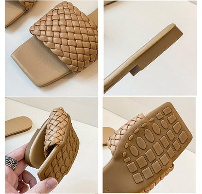 Party Luxury Slippers Stevvex open-toe braided leather flat sandals tan slip-on casual footwear on Tampa Home & Garden Store
