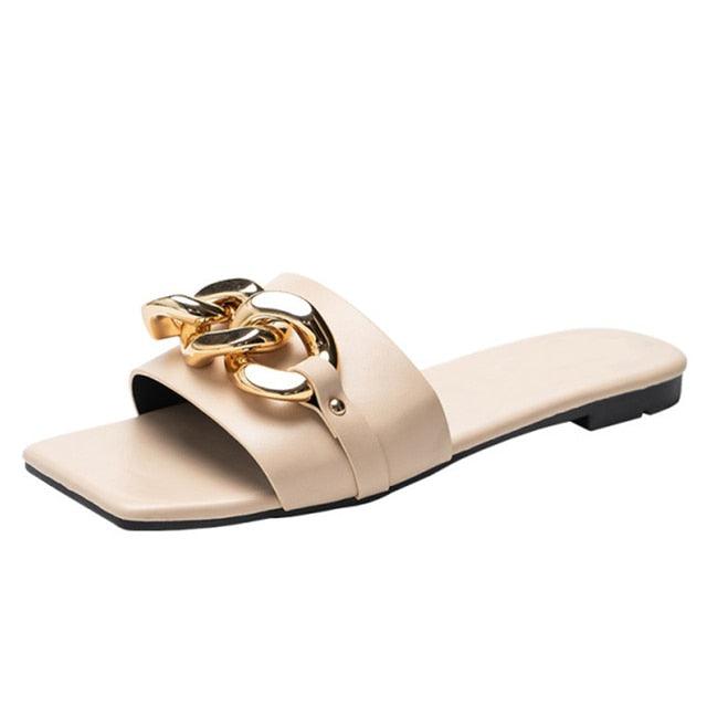 Stevvex beige open-toe leather strap sandals with gold chain ornament on Tampa Home & Garden Store