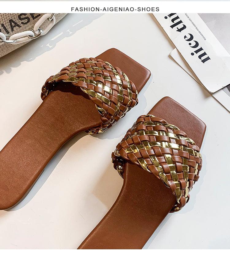 Stevvex Party Luxury braided leather strap sandals open-toe flat slides brown tan pair on Tampa Home & Garden Store